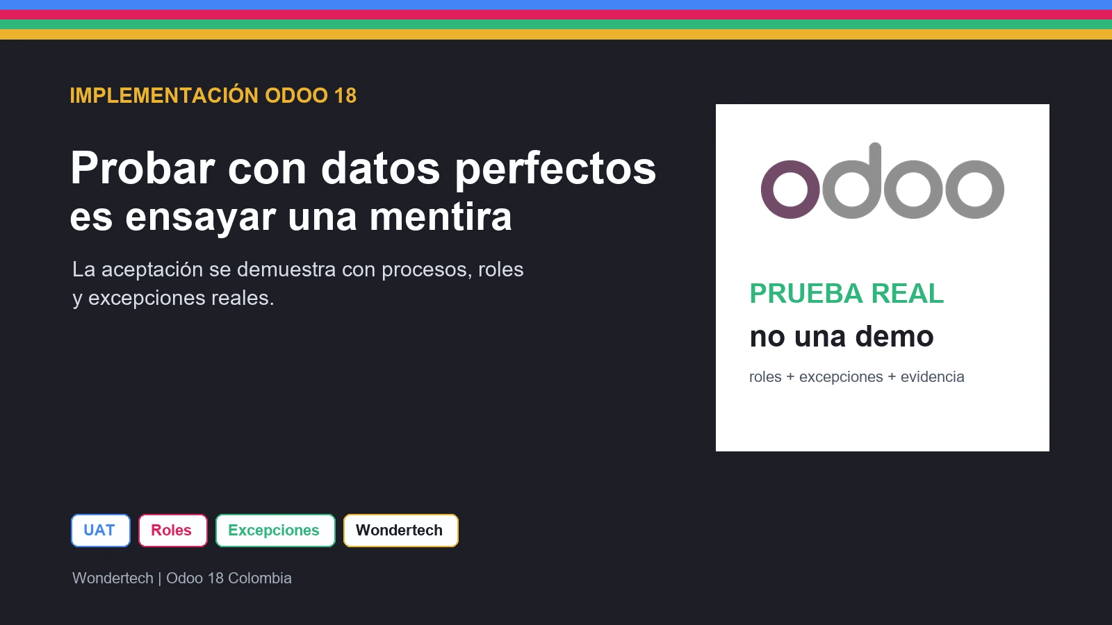 Portada Wondertech sobre pruebas de aceptación de Odoo 18 con datos y roles reales en Colombia