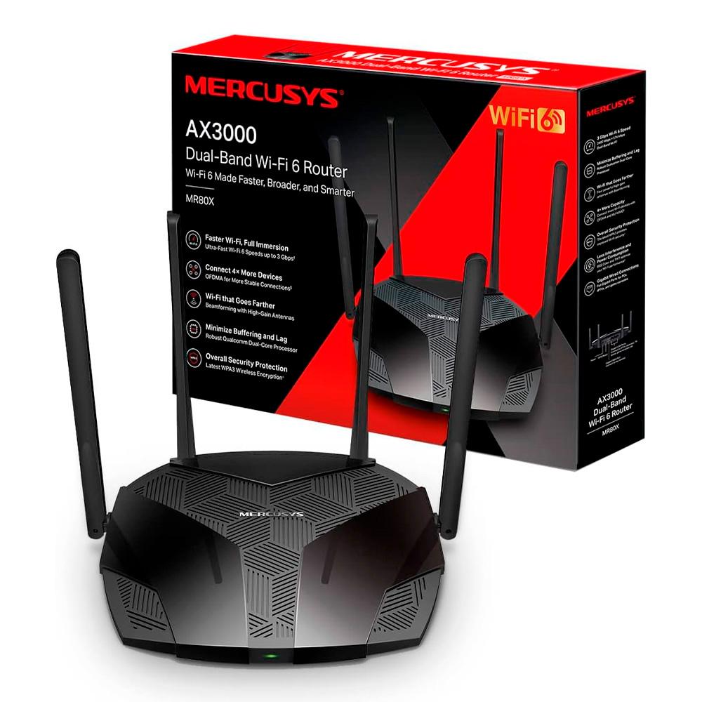 TPLINK ROUTER MERCUSYS WI-FI 6 DE DOBLE BANDA AX3000, 574 MBPS A 2,4 GHZ + 2402 MBPS A 5 GHZ, 4 ANTENAS EXTERNAS FIJAS, 3 PUERTOS LAN GIGABIT