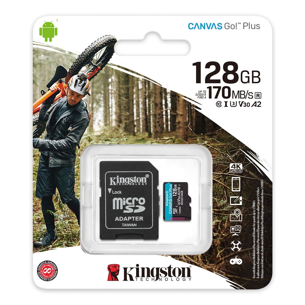 KINGSTON MEMORIA MICRO SD CANVAS GO PLUS 170R A2 U3 V30 CARD + ADP 128GB