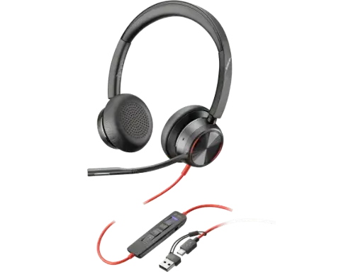 [8X225AA] POLY AURICULARES ESTEREO BLACKWIRE 8225 CON CERTIFICACIONES MICROSOFT TEAMS USB-C + ADAPTADOR USB-C/A ALAMBRICO OFICINA / CENTRO DE LLAMADAS 186G NEGRO
