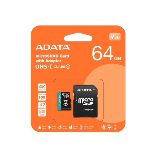 [AUSDX64GUI3V30SA2-RA1] ADATA MEMORIA MICROSD V30S A2 64GB 100MBS/80MBS