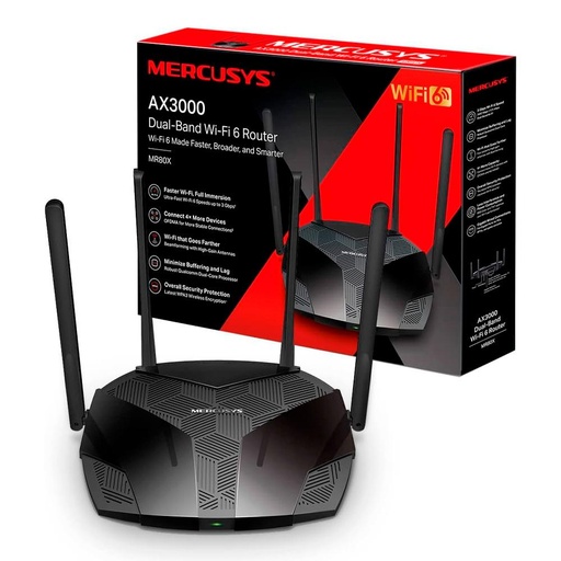 [MR80X] TPLINK ROUTER MERCUSYS WI-FI 6 DE DOBLE BANDA AX3000, 574 MBPS A 2,4 GHZ + 2402 MBPS A 5 GHZ, 4 ANTENAS EXTERNAS FIJAS, 3 PUERTOS LAN GIGABIT
